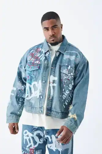Boohoo Boohooman mens blue plus boxy fit graffiti denim jacket, blue offer