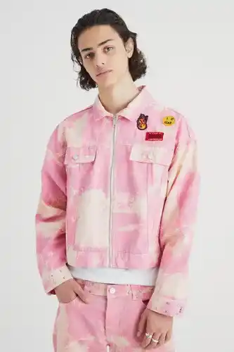 Boohoo Boohooman mens pink boxy fit bleached denim jacket, pink offer