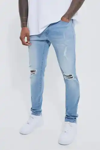 Boohoo Boohooman mens blue skinny stretch exploded knee ripped jeans, blue offer