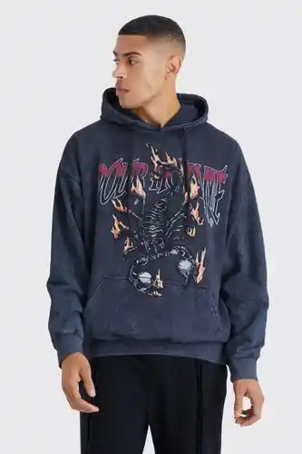 Boohoo Boohooman mens black oversized scorpion wash graphic hoodie, black offer