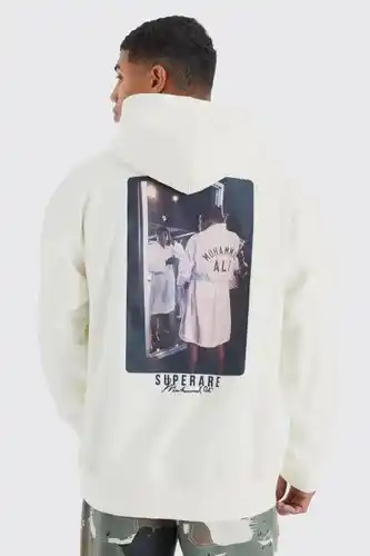 Boohoo Boohooman mens cream oversized muhammad ali license hoodie, cream offer