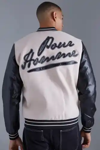 Boohoo Boohooman mens beige pour homme varsity jacket with pu sleeves, beige offer