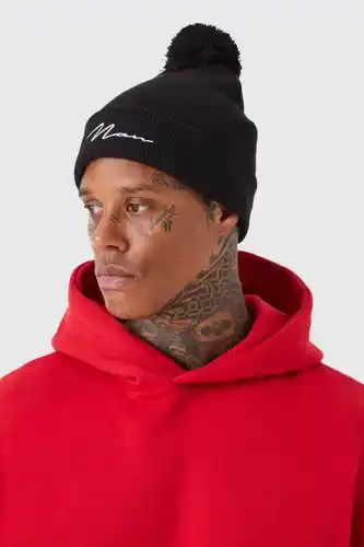 Boohoo Boohooman mens black man signature bobble beanie, black offer