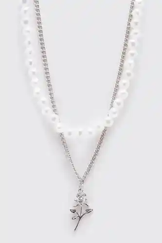 Boohoo Boohooman mens grey rose charm pearl necklace, grey offer