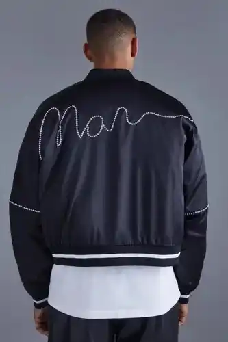 Boohoo Boohooman mens black boxy quilted satin man studded bomber, black offer