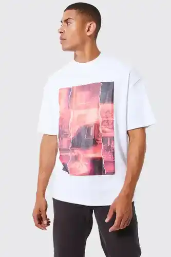 Boohoo Boohooman mens white oversized glitch video graphic t-shirt, white offer