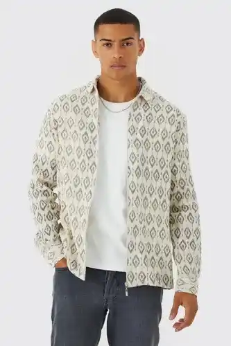 Boohoo Boohooman mens cream long sleeve tonal aztec shirt, cream offer