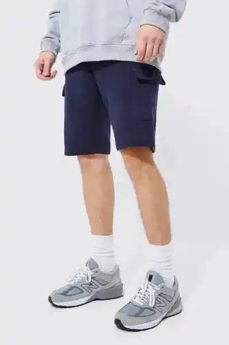 Boohoo Boohooman mens navy tall slim fit mid length jersey cargo short, navy offer
