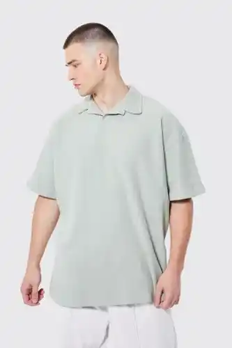 Boohoo Boohooman mens green tall oversized revere twill jersey polo, green offer