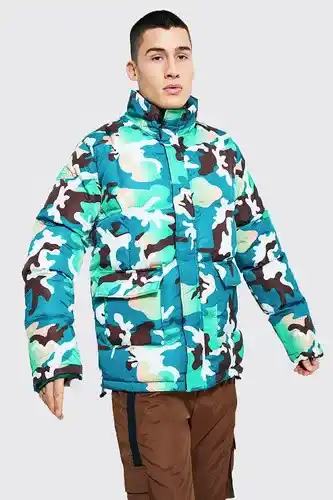 Boohoo Boohooman mens multi camo funnel neck puffer, multi offer