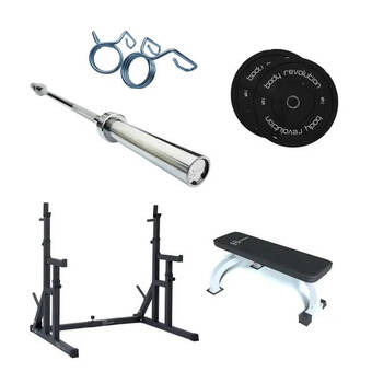 Decathlon Body revolution olympic home gym set - squat rack, flat bench, barbell and 10kg weight set offer
