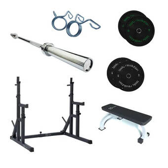 Decathlon Body revolution olympic home gym set - squat rack, flat bench, barbell and 30kg weight set offer