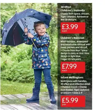 Aldi 3d Effect, Children's Raincoat, Infant Wellingtons offer