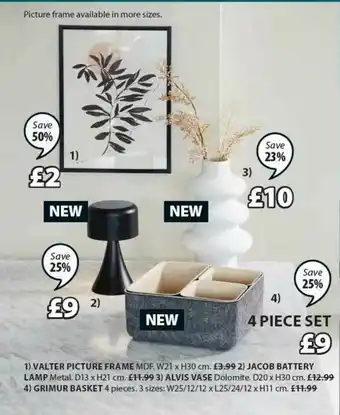 JYSK Valter Picture Frame, Jacob Battery Lamp, Alvis Vase, Grimur Basket offer