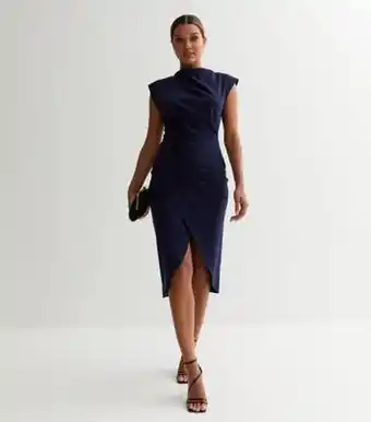New Look New look navy high neck asymmetric midi wrap dress offer