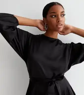 New Look New look black satin round neck long sleeve tie waist mini dress offer