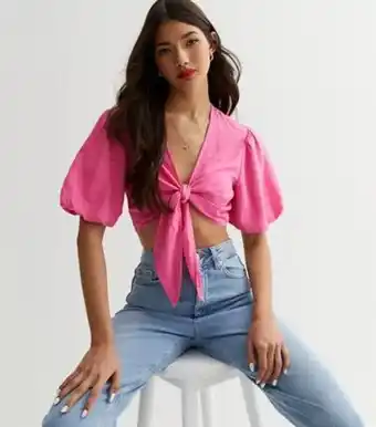 New Look New look bright pink linen blend tie front crop top offer