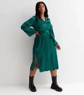 New Look New look curves dark green satin belted split hem midi shirt dress offer
