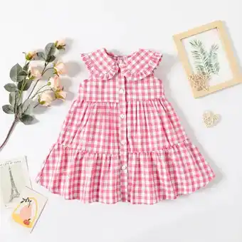 Patpat toddler girl plaid statement collar button design sleeveless dress