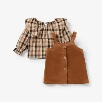 Patpat Patpat baby girl 2pcs ruffle plaid long-sleeve top and solid corduroy overall dress set offer