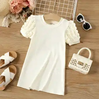 Patpat Patpat toddler girl puff sleeve solid ribbed dress offer