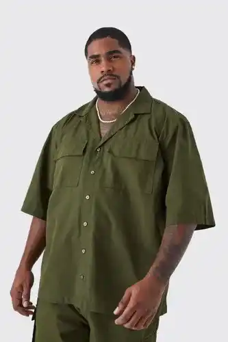 Boohoo Boohooman mens green plus short sleeve drop revere ripstop utility overshirt, green offer