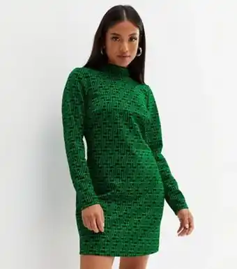 New Look New look petite green jacquard geometric high neck mini dress offer