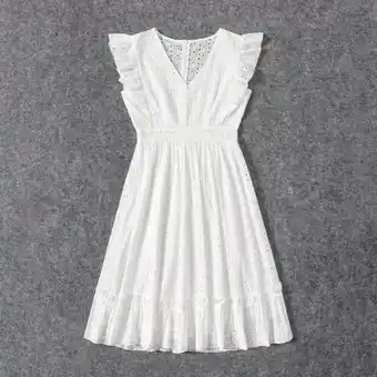 Patpat Patpat mommy and me 100% cotton white eyelet embroidered ruffle trim sleeveless dresses offer