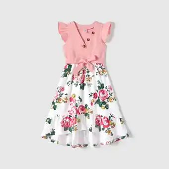 Patpat Patpat family matching cotton short-sleeve colorblock ribbed t-shirts and v neck flutter-sleeve spliced floral print high low offer