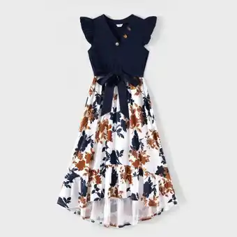 Patpat Patpat family matching cotton short-sleeve colorblock ribbed t-shirts and v neck flutter-sleeve spliced floral print high low offer