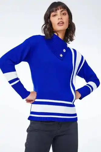 Roman Roman textured knit button detail stripe jumper in royal blue female offer