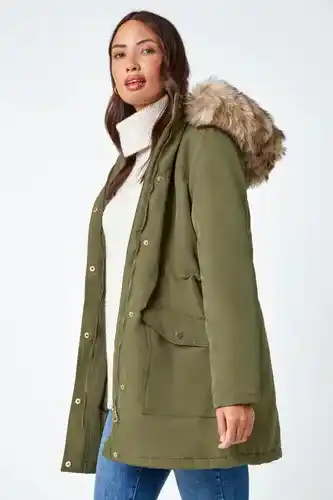 Roman Roman faux fur hooded parka coat in khaki female offer