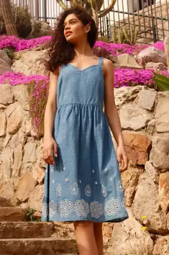 Roman Roman sleeveless cotton embroidered midi dress in denim - size 14 female offer