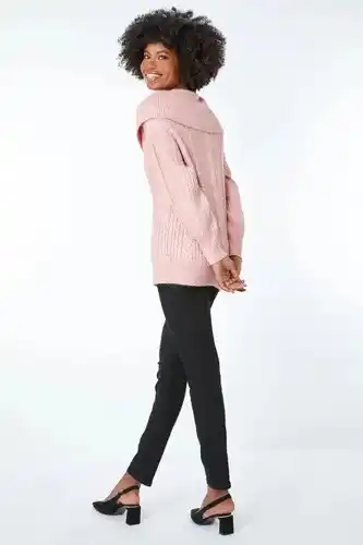 Roman Roman cable knit split neck jumper in pink female offer