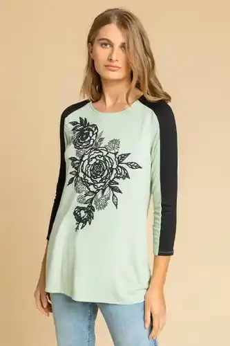 Roman floral embellished contrast print top in sage female