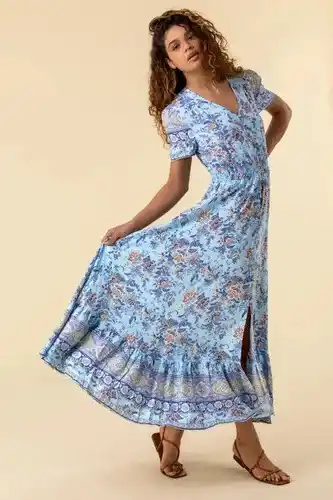 Roman floral print shirred waist maxi dress in blue - size 14 female