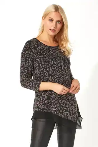 Roman Roman animal print chiffon hem top in black female offer
