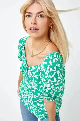 Roman Dusk fashion floral ruched tie detail top in green female offer