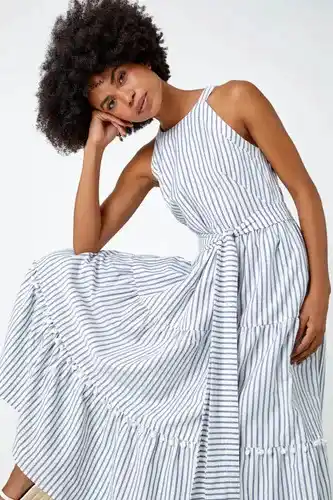 Roman tiered cotton halter neck stripe dress in blue - size 18 female