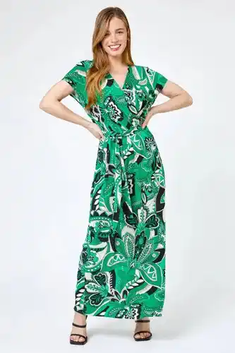 Roman Roman petite roman originals petite paisley print tie waist maxi dress in green - size 10 female offer