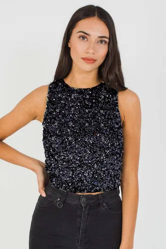 TFNC London Tfnc lace & beads picasso iridescent black sequin top offer