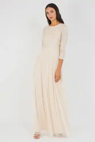 TFNC London Tfnc lace & beads picasso 3/4 sleeved cream embellished maxi dress offer