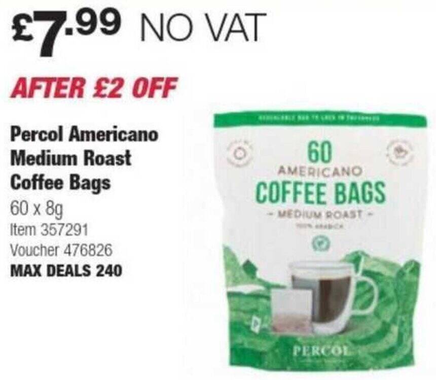 Costco Percol Americano Medium Roast Coffee Bags offer