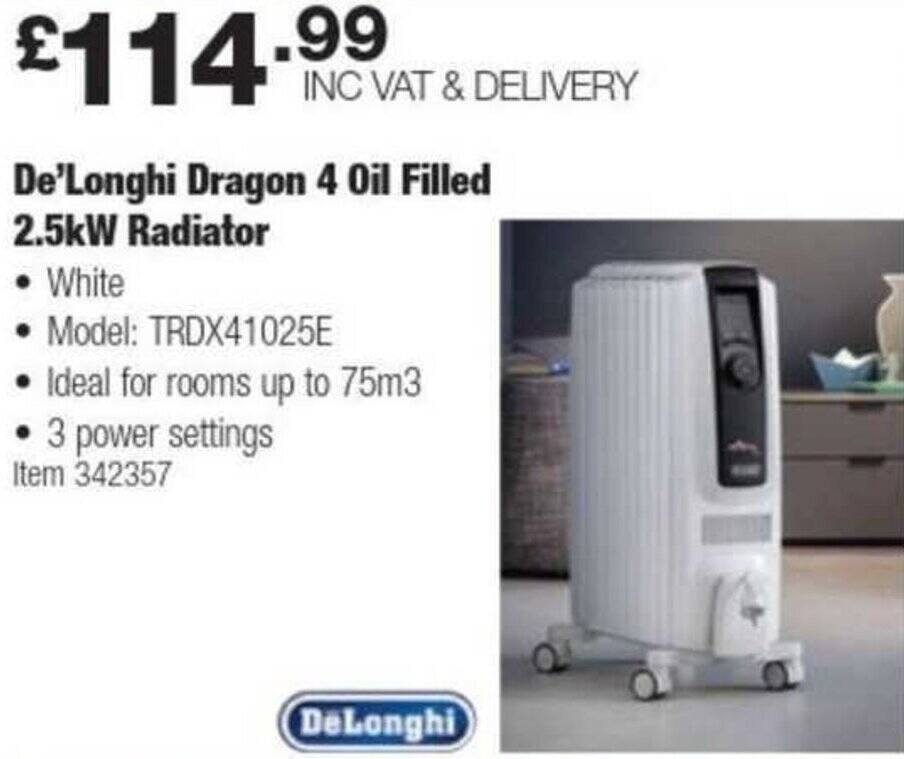 Costco De'Longhi Dragon 4 Oil Filled 2.5kW Radiator offer