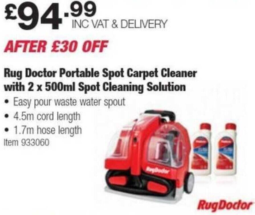 Costco Rug Doctor Portable Spot Carpet Cleaner with 2 x 500ml Spot Cleaning Solution offer