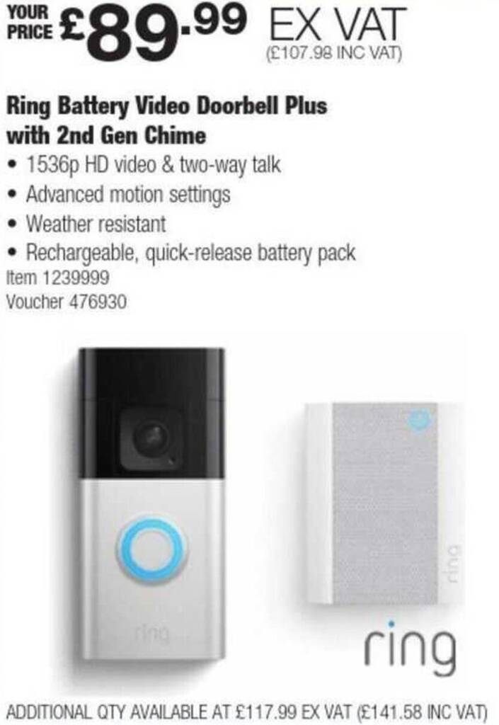 Costco Ring Battery Video Doorbell Plus with 2nd Gen Chime offer