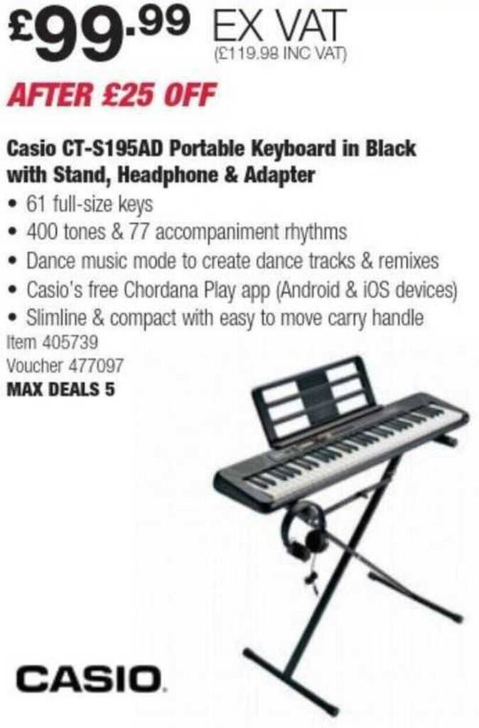 Costco Casio CT-S195AD Portable Keyboard in Black with Stand, Headphone & Adapter offer