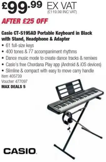 Costco Casio CT-S195AD Portable Keyboard in Black with Stand, Headphone & Adapter offer