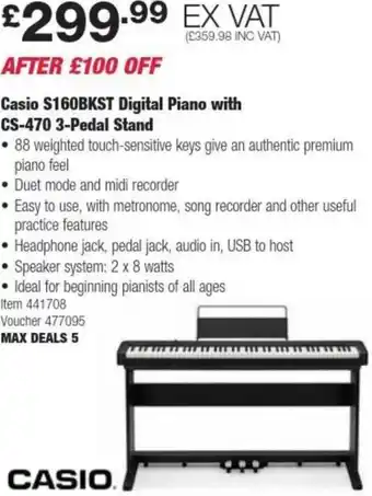Costco Casio S160BKST Digital Piano with CS-470 3-Pedal Stand offer