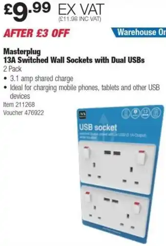 Costco Masterplug 13A Switched Wall Sockets with Dual USBs offer